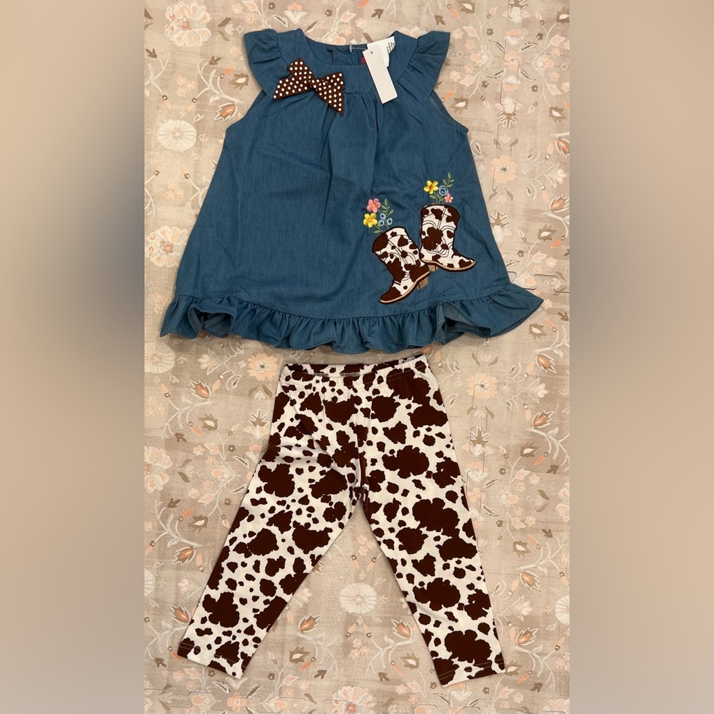 Blue Dress with Floral Cowboy Boot Design and Cow Print Leggings